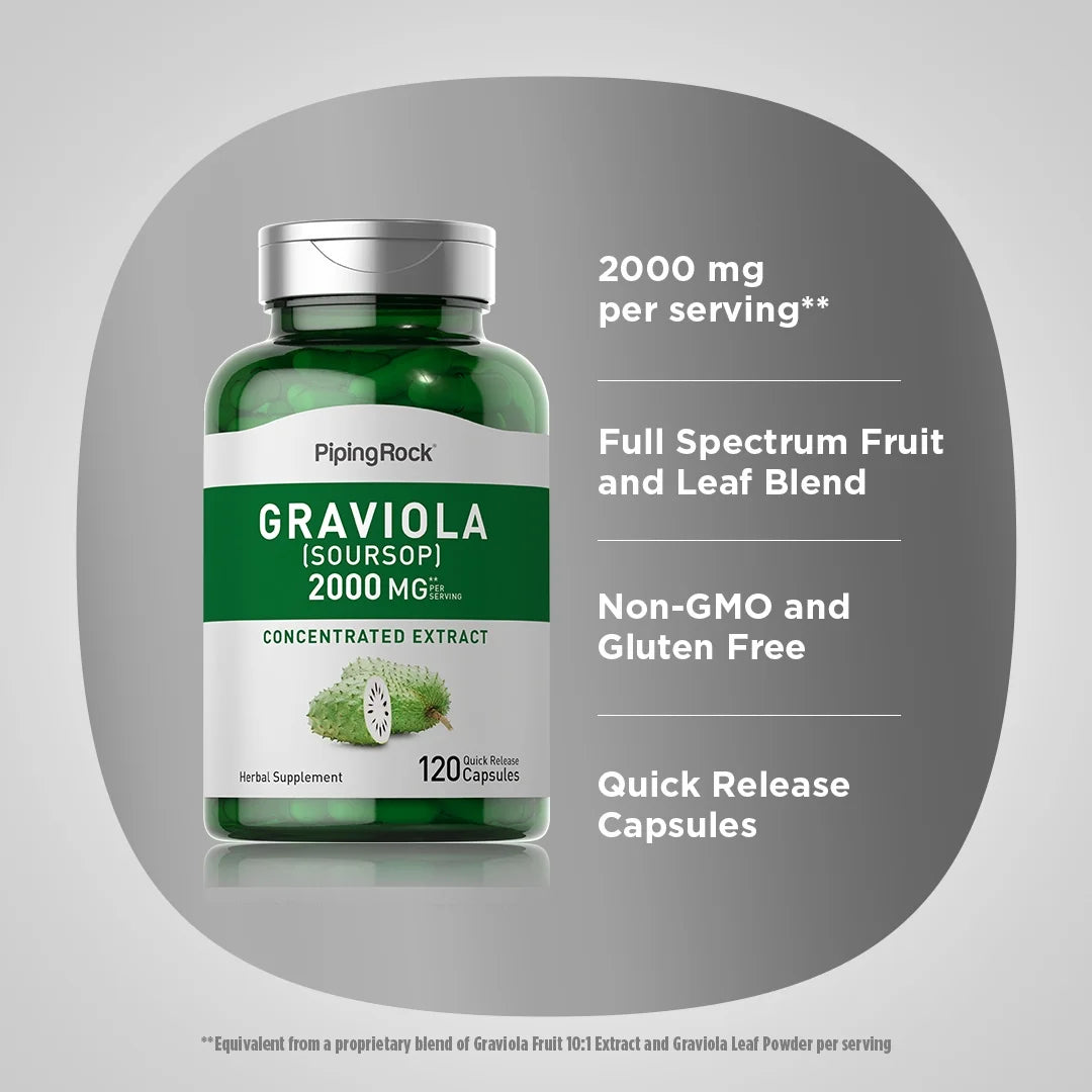 Graviola Soursop Capsules 2000 Mg | 120 Count | Fruit Extract | Herbal Supplement | Non-Gmo, Gluten Free | by